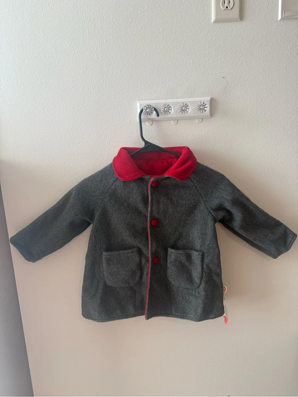 Kids Charcoal Gray Coat with Red Trim and Collar